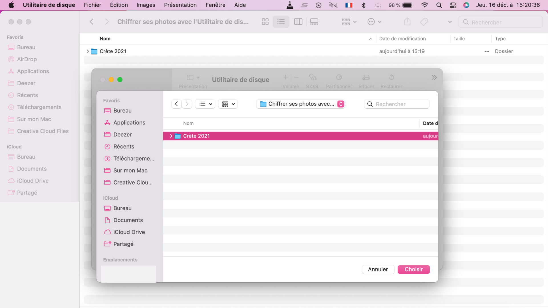 Choix du dossier de photos à chiffrer