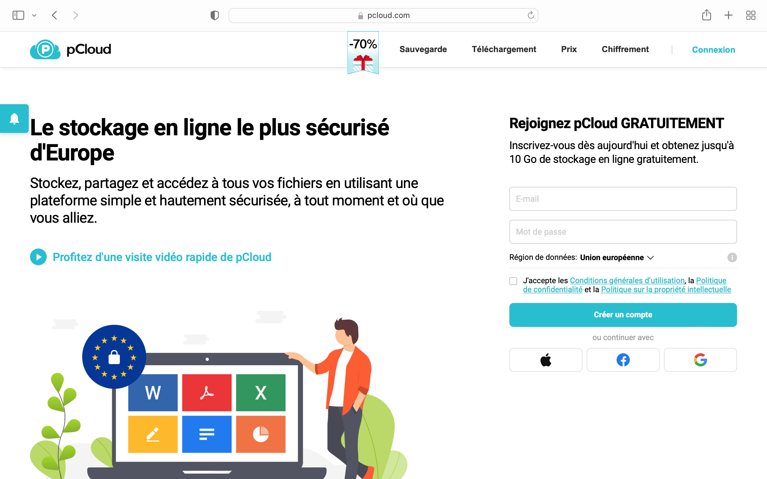Page d’accueil de pCloud