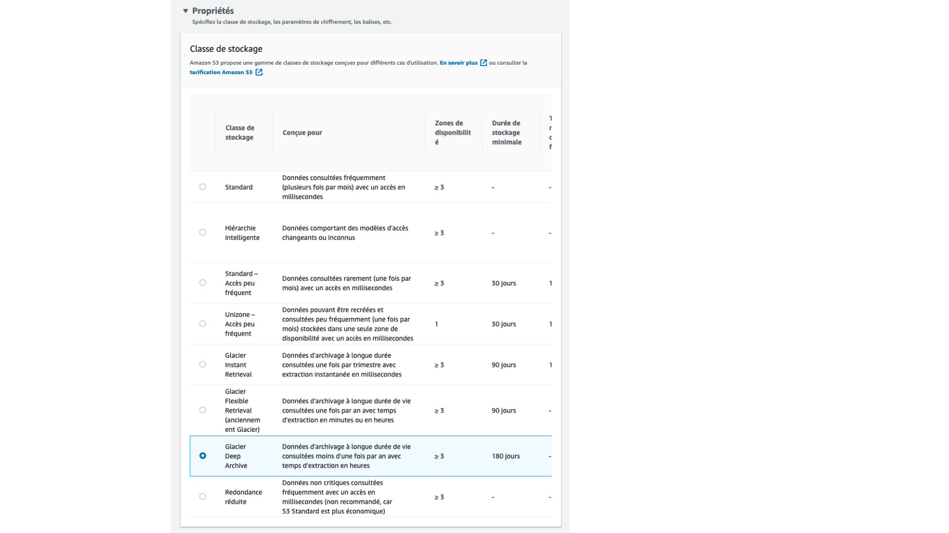 On choisit l’option “Deep Archive”