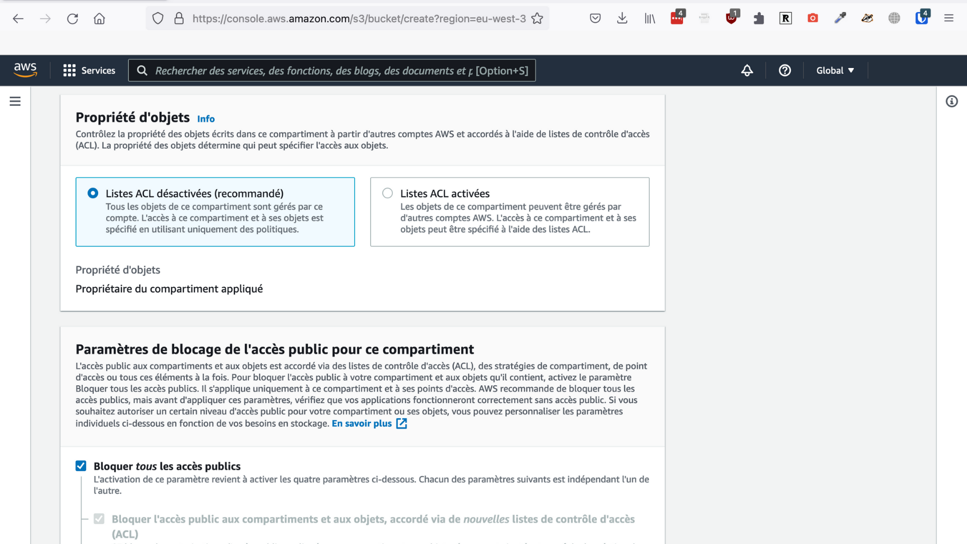Paramètres par défaut du compartiment