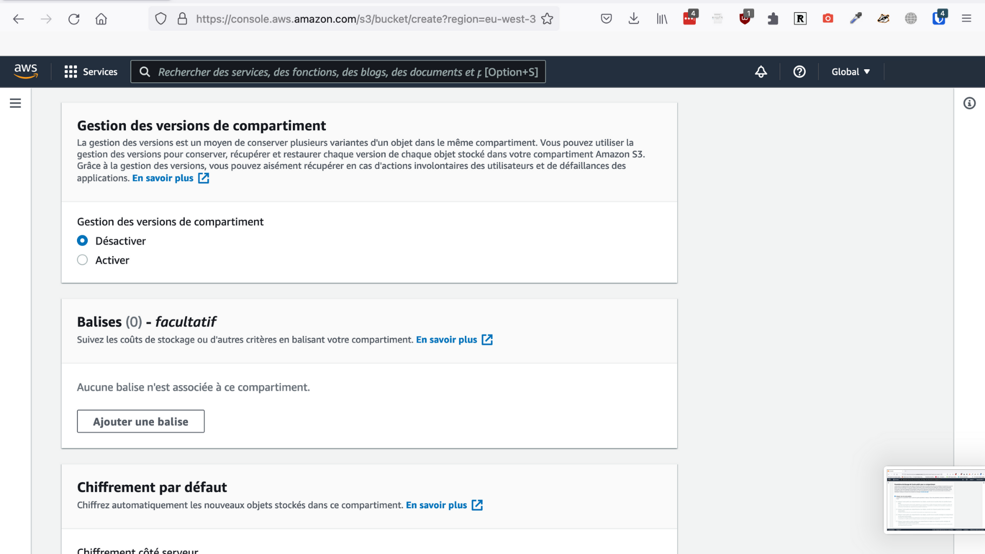 Paramètres par défaut du compartiment